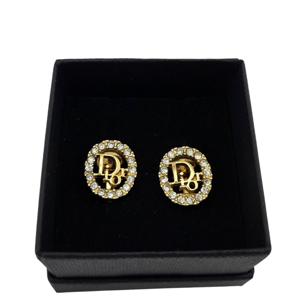 Vintage Christian Dior Gold Tone Crystal Logo Oval Clip On Earrings Germany